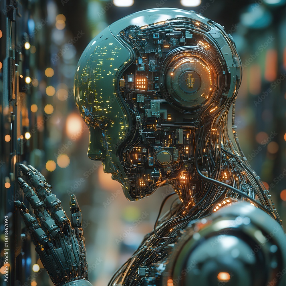 Futuristic Cyborg with Digital Elements and Circuitry