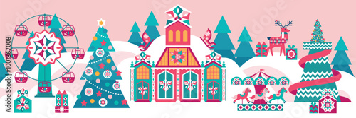 Winter wonderland playful background with childish amusement park. Fairytale palace, christmas tree decorated,  ferris wheel, carousel with horses, slide tower, snow slides, deer snowy landscape