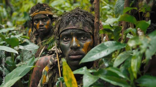 Primitive Hunters Tracking Animals in Dense Jungle photo