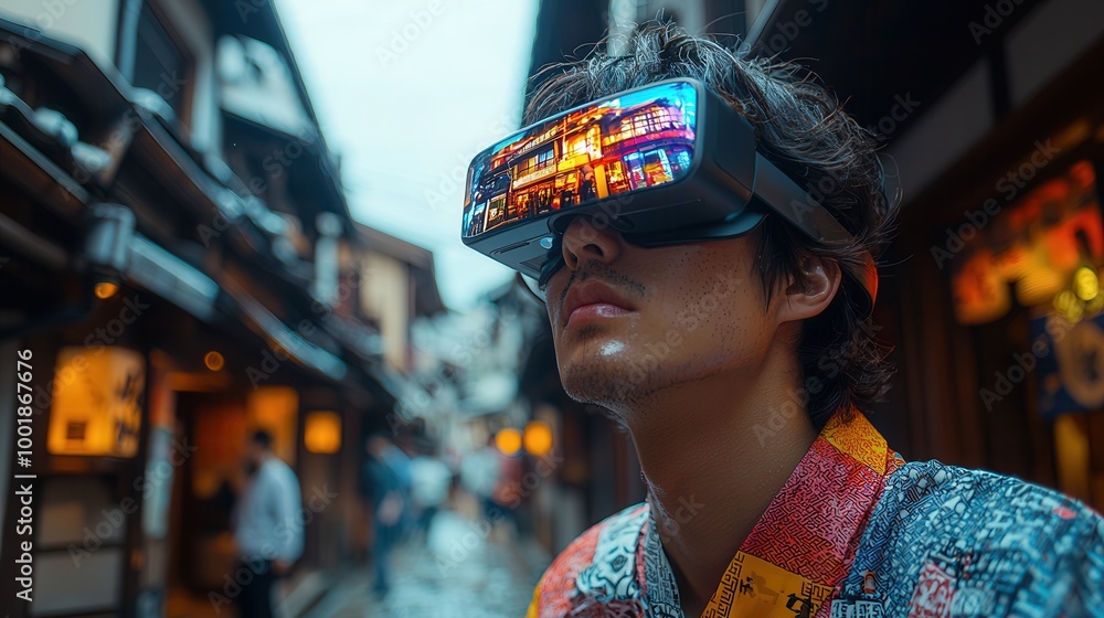 Young Man with VR Headset in Traditional Street Setting Young Man with VR Headset in Traditional Street Setting