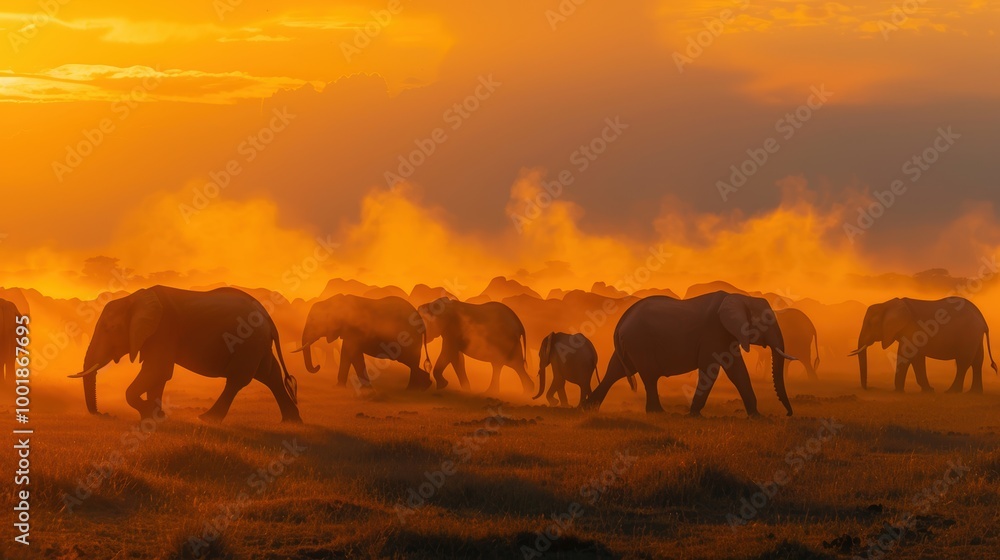 Fototapeta premium Elephants Walking Through Dusty Landscape at Sunset