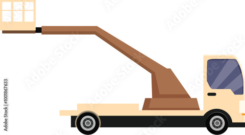 This beige bucket truck is extending its arm, ready to lift workers to significant heights for various construction or maintenance tasks