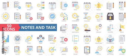 Notes and task icon collection set. Containing reminder, priority, deadline, completed, calendar, schedule, notification icon. Simple flat color illustration.