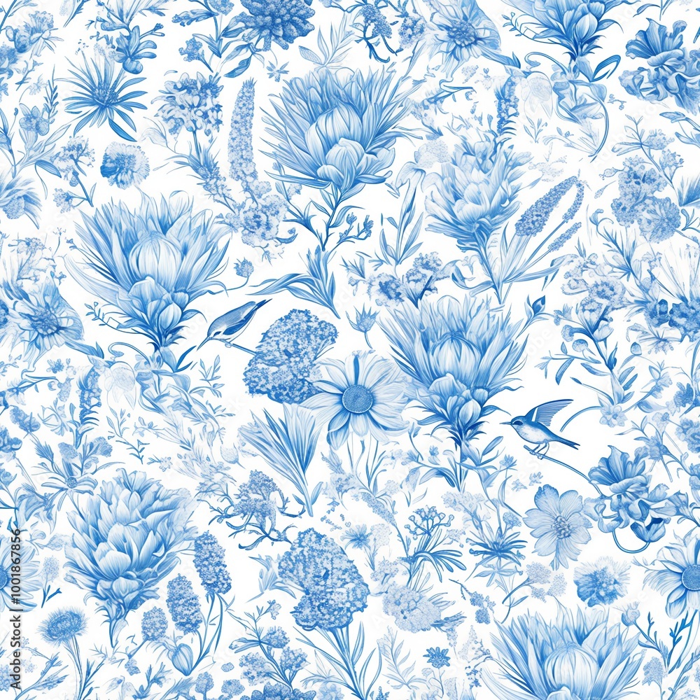 Fototapeta premium Protea flowers and hummingbirds. Seamless Toile de Jouy style pattern in blues and shades on a white background.