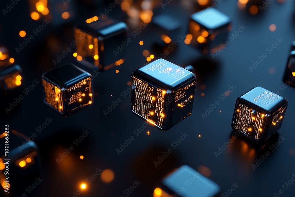 Digital 3D flow of code, with glowing, rotating cubes representing ...