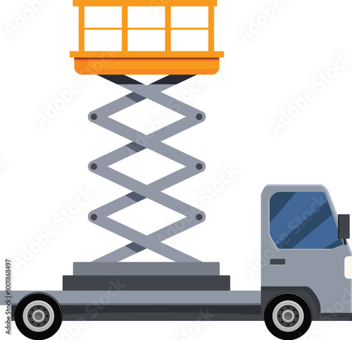 Side view of a scissor lift truck parked with its platform raised, ready for use