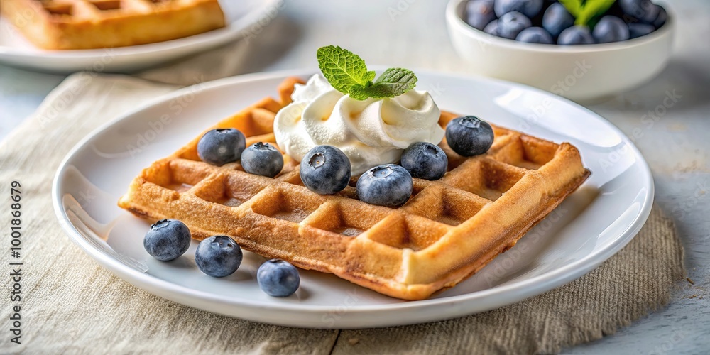 A crispy golden waffle topped with a dollop of whipped cream, fresh blueberries, and a sprig of mint, all nestled on a white plate, ready to satisfy your sweet tooth. A crispy golden waffle topped with a dollop of whipped cream, fresh blueberries, and a sprig of mint, all nestled on a white plate, ready to satisfy your sweet tooth.