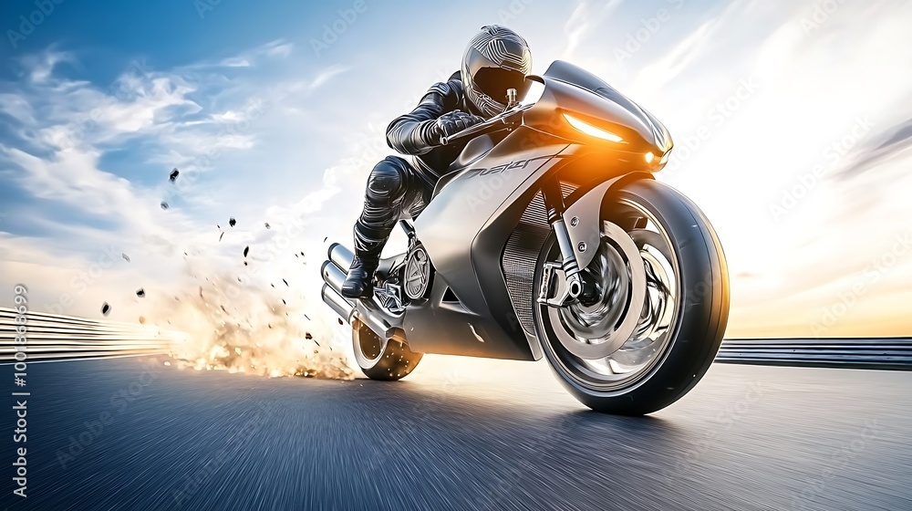 Naklejka premium Unique generative AI rendering of a futuristic superbike tearing through the circuit, pushing the boundaries of speed and innovation.