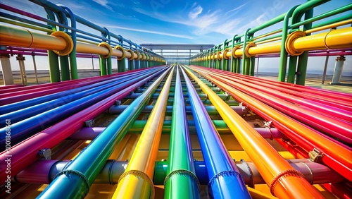 A vibrant display of colorful pipes against a bright blue sky, showcasing an abstract pattern of interconnected infrastructure