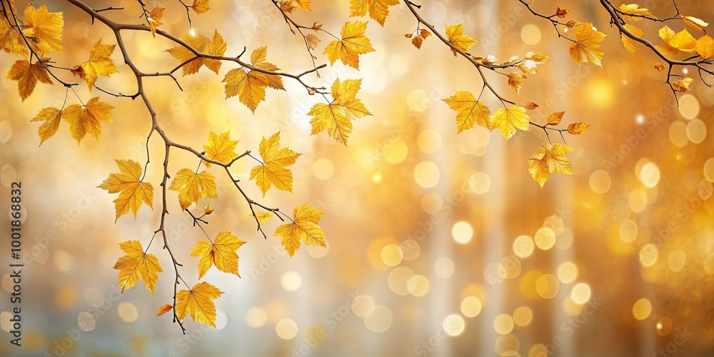 Fototapeta premium Golden autumn leaves on a branch against a blurred background of warm yellow bokeh lights.