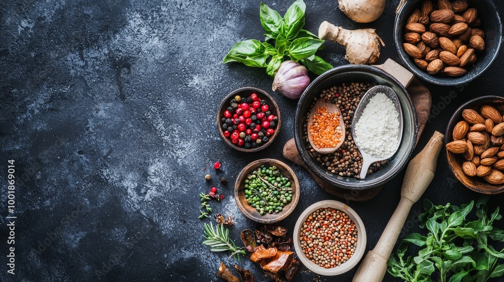 Fototapeta premium Assorted Spices, Nuts, and Seeds on Dark Background