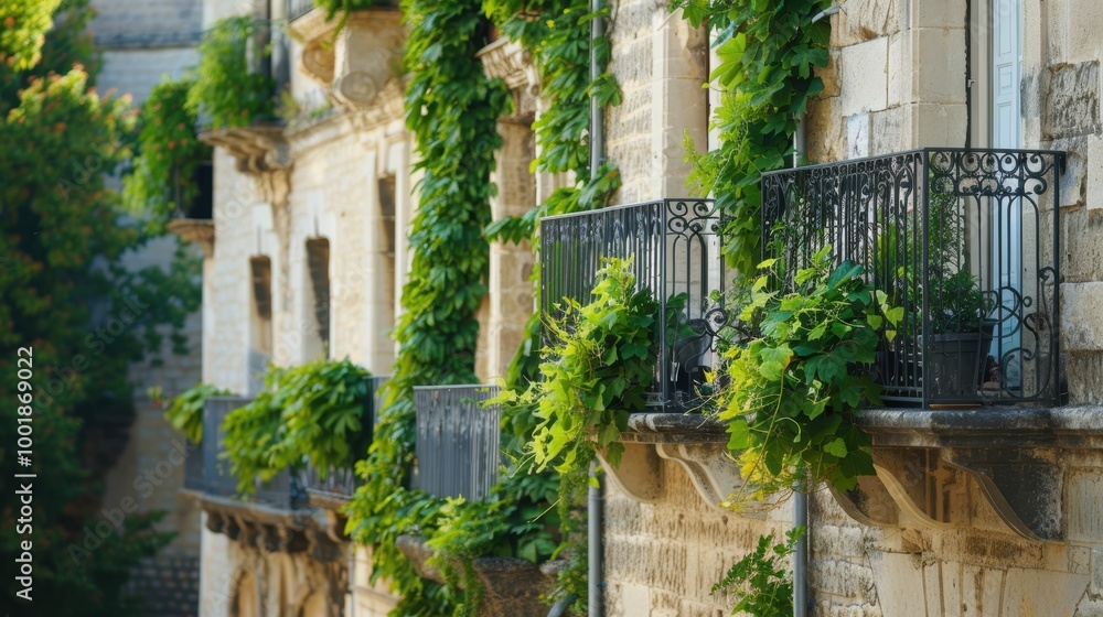 Naklejka premium Ivy-Covered Balconies in Old European Architecture