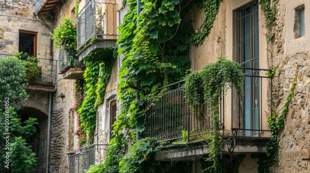 Fototapeta premium Ivy-Covered Balconies in Historic European Architecture