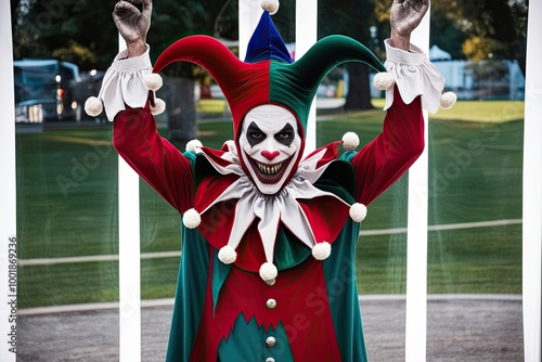 Eerie Carnival Jester Against a Bright Background photo