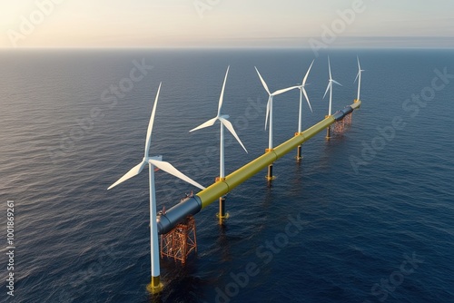 Offshore Wind Farm with Hydrogen Pipeline and Scenic Seascape for Renewable Energy Infrastructure photo