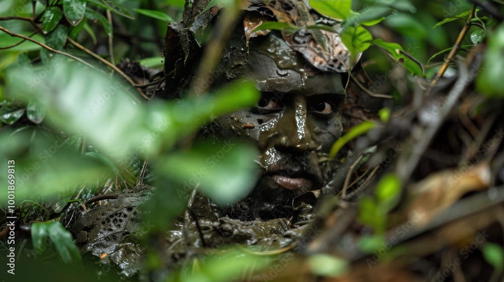 Wild Man Covered in Mud and Leaves in Nature Wild Man Covered in Mud and Leaves in Nature