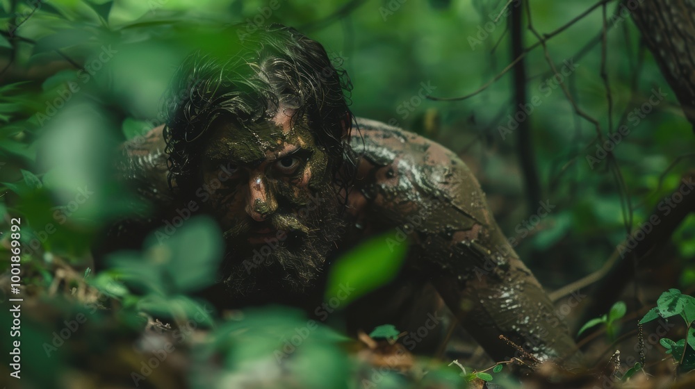 Wild Man Covered in Mud and Leaves Emerging from Jungle Wild Man Covered in Mud and Leaves Emerging from Jungle