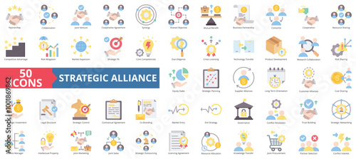 Strategic alliance icon collection set. Containing partnership, collaboration, joint venture, cooperative agreement, synergy, shared objective, mutual benefit icon. Simple flat color illustration.