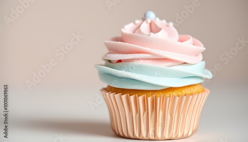 Pink and Blue Pastel Cupcake with Glitter and Sugar Pearls in Rose Gold Wrapper