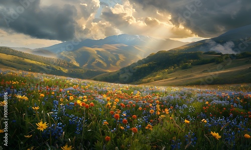 Rolling Hills with Wildflowers Under Dramatic Stormy Sky