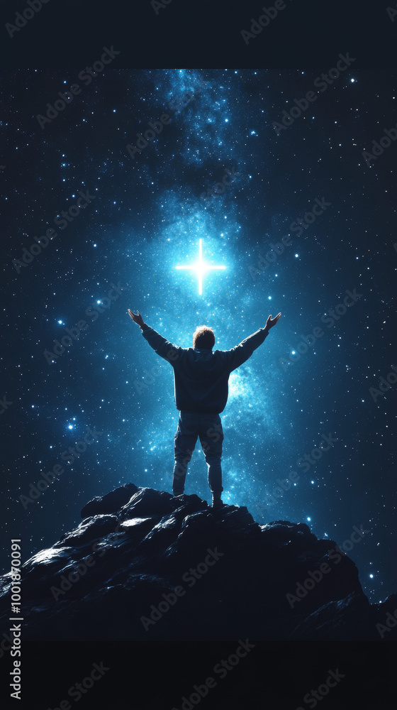 Silhouette of a man with arms raised, standing on a mountaintop under a starry night sky with a bright cross. Silhouette of a man with arms raised, standing on a mountaintop under a starry night sky with a bright cross.