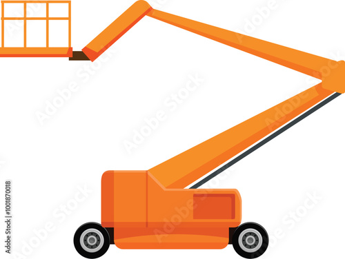 Orange telescopic boom lift with a basket extended is reaching high in the air