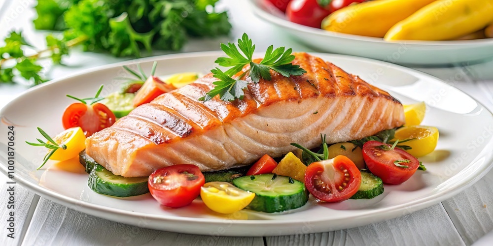 A close-up of a grilled salmon fillet served on a bed of fresh cucumber, tomato, and yellow peppers on a white plate. A close-up of a grilled salmon fillet served on a bed of fresh cucumber, tomato, and yellow peppers on a white plate.