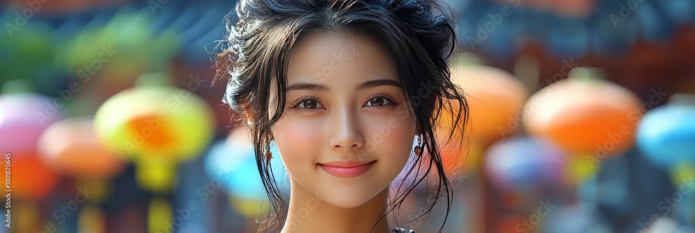 Young woman smiling against a backdrop of colorful lanterns. Young woman smiling against a backdrop of colorful lanterns.