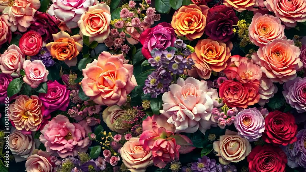 A close-up of a bouquet of brightly colored roses with green leaves A close-up of a bouquet of brightly colored roses with green leaves