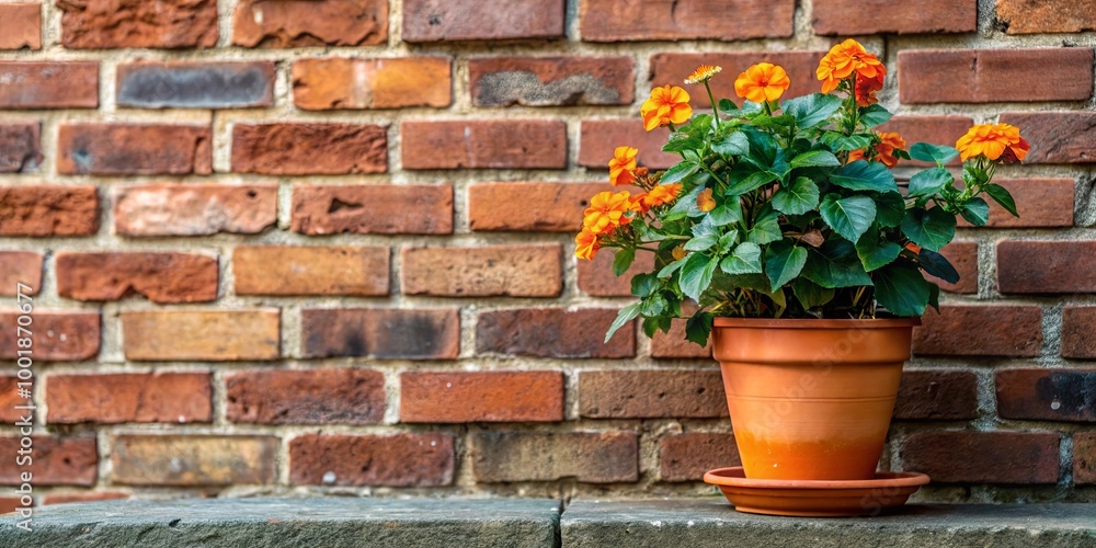 Naklejka premium A potted plant with orange blossoms rests on a stone ledge against a backdrop of a red brick wall