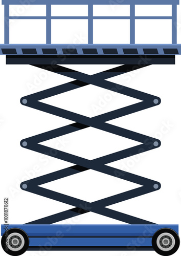Illustration featuring a blue scissor lift with a platform and safety railing
