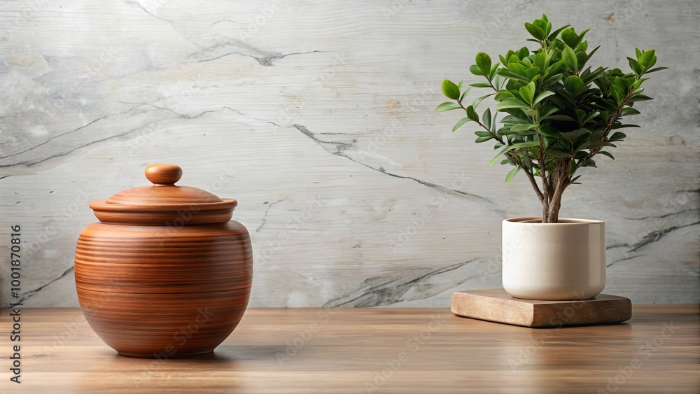 A wooden lidded jar sits on a wooden table next to a potted plant with green leaves on a marble background A wooden lidded jar sits on a wooden table next to a potted plant with green leaves on a marble background