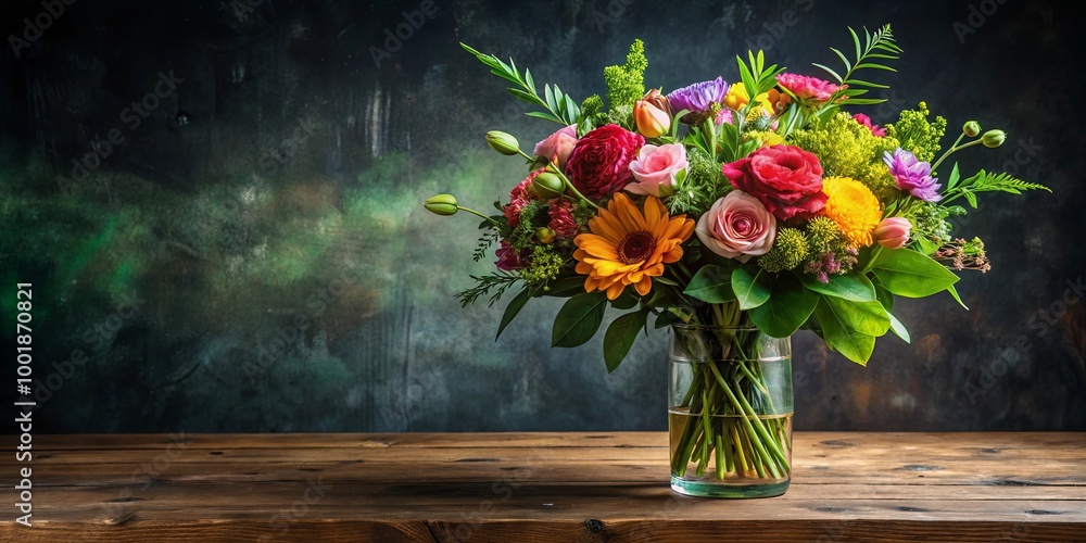 A vibrant bouquet of multicolored flowers in a clear glass vase sits on a rustic wooden table against a dark, textured backdrop. A vibrant bouquet of multicolored flowers in a clear glass vase sits on a rustic wooden table against a dark, textured backdrop.