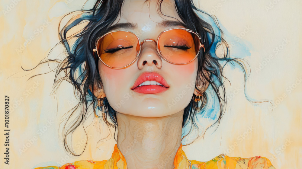 A young woman with her eyes closed, wearing orange sunglasses. A young woman with her eyes closed, wearing orange sunglasses.