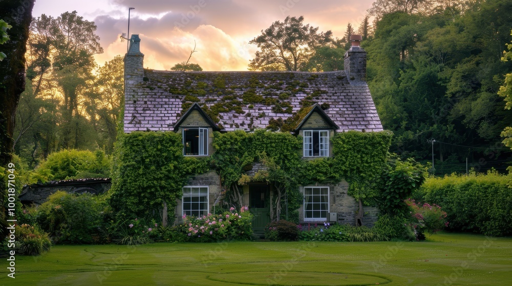Fototapeta premium Ivy-Covered Cottage in Lush Countryside