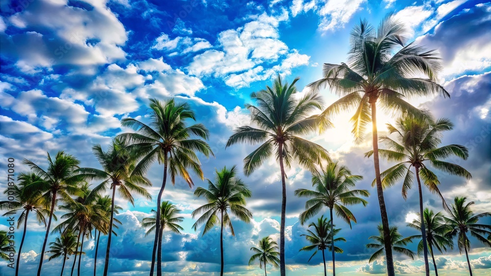 Sun-kissed Palms Swaying Against a Serene Blue Sky, Adorned with Whispy Clouds, Creating a Tropical Paradise Sun-kissed Palms Swaying Against a Serene Blue Sky, Adorned with Whispy Clouds, Creating a Tropical Paradise