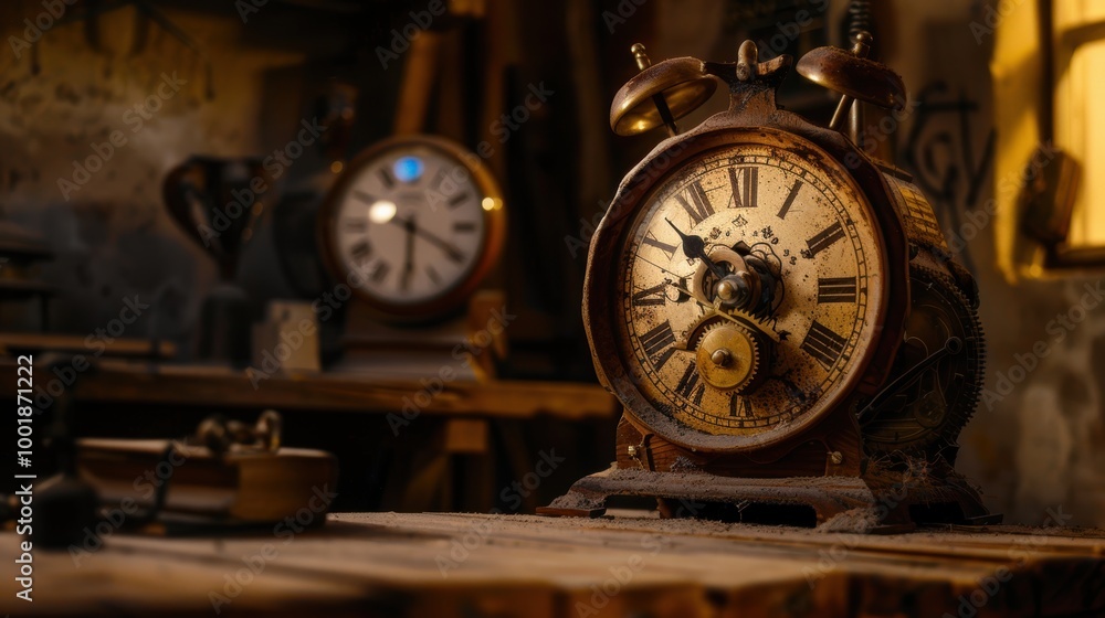 Fototapeta premium Vintage Wooden Clock with Brass Gears and Intricate Design