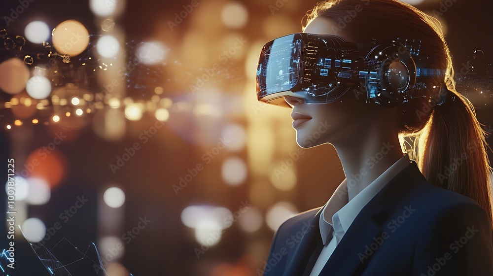 An elegant businesswoman with digital implants and augmented reality glasses, showcasing the evolution of technology and innovation in the metaverse for the modern professional. An elegant businesswoman with digital implants and augmented reality glasses, showcasing the evolution of technology and innovation in the metaverse for the modern professional.