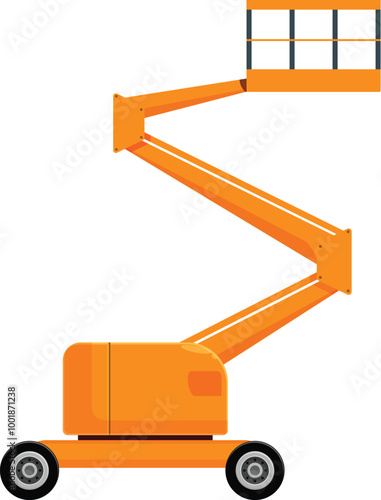 Yellow articulated boom lift extending its arm on wheels isolated on white background