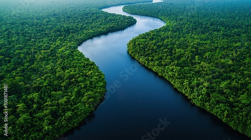 Serene River Flowing Through Lush Green Forest Canopy