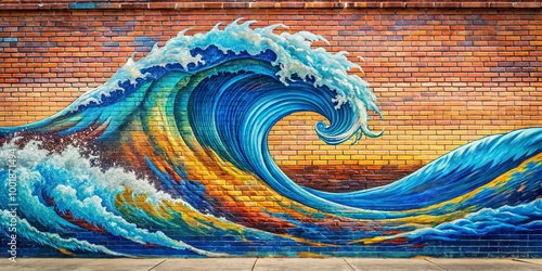 A vibrant ocean wave mural painted on a brick wall, capturing the essence of the sea and its powerful movements.