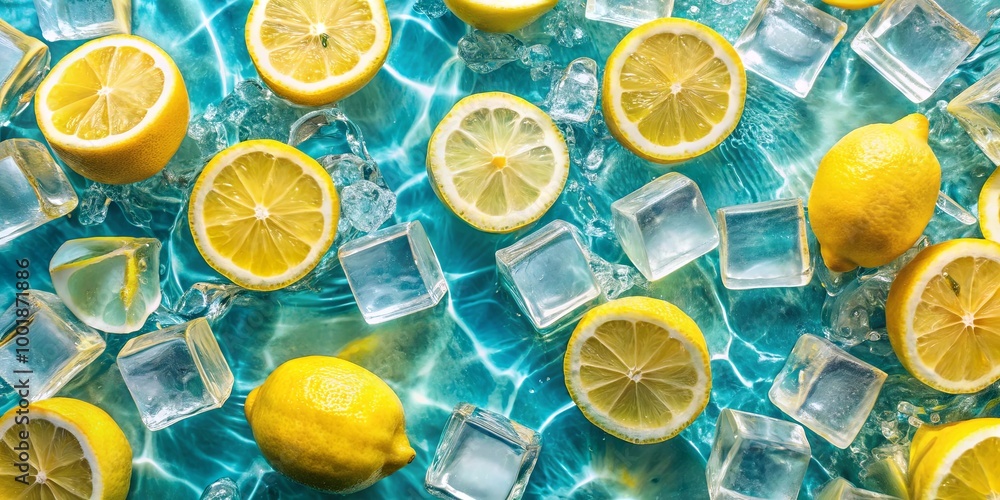 Freshly Sliced Lemon Wedges and Whole Lemons Resting on Clear Ice Cubes in Sparkling Aqua Water Freshly Sliced Lemon Wedges and Whole Lemons Resting on Clear Ice Cubes in Sparkling Aqua Water