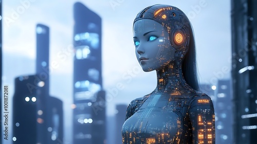 Wallpaper Mural Hightech humanoid robot standing in a futuristic cityscape with glowing neon lights and digital displays in the background. Torontodigital.ca