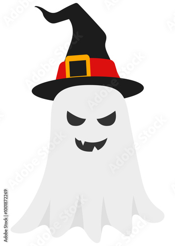 Flat illustration of white ghost wear witch hat isolated on white background.