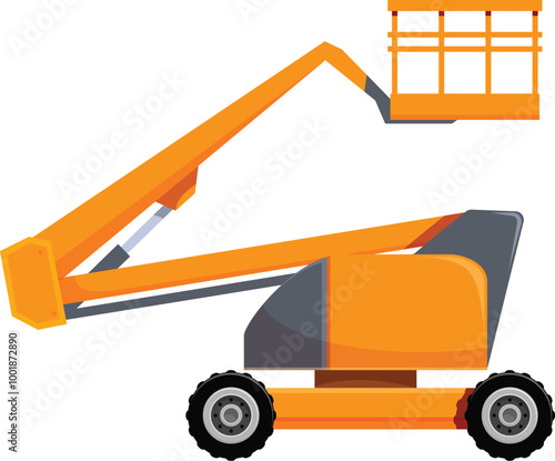 Orange articulated boom lift with an extended arm and a platform, simplifying high altitude tasks on a construction site