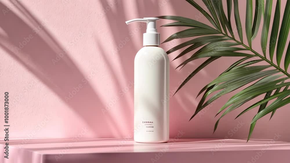 A white pump bottle of lotion sits on a pink surface, with a palm leaf and its shadow casting a cool, summery vibe A white pump bottle of lotion sits on a pink surface, with a palm leaf and its shadow casting a cool, summery vibe