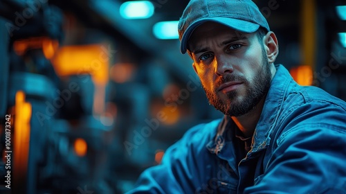 Young man in a denim jacket and cap posing thoughtfully in a dimly lit industrial workshop during evening hours