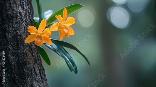 Tropical Flower of Orange-Yellow Epidendrum Orchids Plant photo