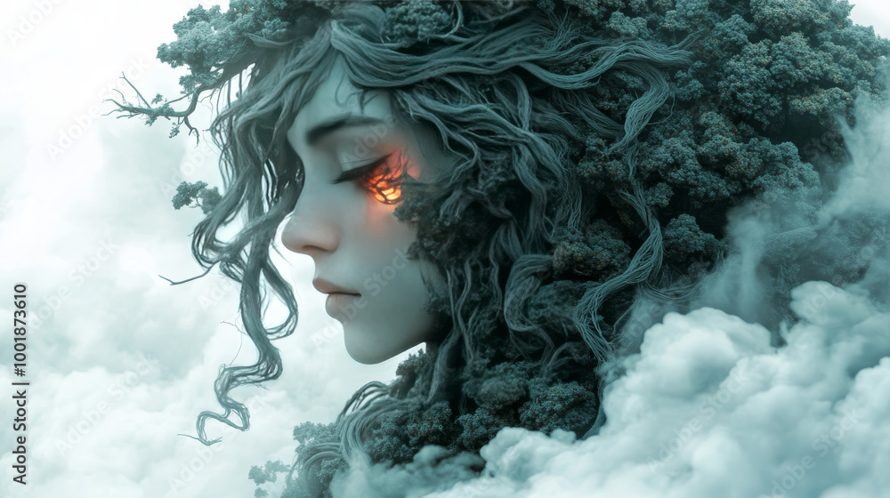 A woman with fiery eyes and a head full of foliage appears to rise from the clouds. A woman with fiery eyes and a head full of foliage appears to rise from the clouds.
