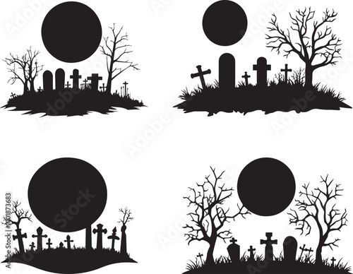 Silhouette of a graveyard with a full moon